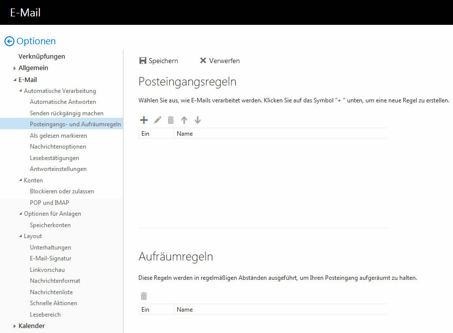 Fenster E-Mail. Linke Spalte mit den Optionen. Punkt 3, E-Mail. Unterpunkt 1, Automatische Verarbeitung. Ausgewählt Unterpunkt 3, Posteingangs- und Aufräumregeln. Im Hauptfeld unter Posteingangsregeln und Aufräumregeln jeweils eine noch leere Übersicht.