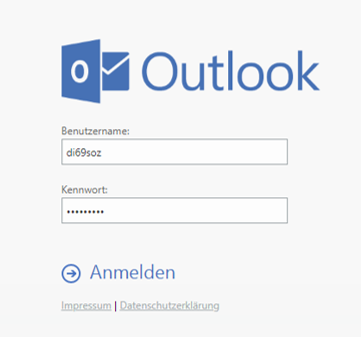 Anmeldefenster. In groß, Outlook-Symbol, Outlook. Benutzername. Eingabefeld di69soz. Kennwort. Eingabefeld Dicke Punkte. Pfeil nachrechts im Kreis, Anmelden. Anklickbar Impressum, Senkrechter Strich, Anklickbar Datenschutzerklärung.