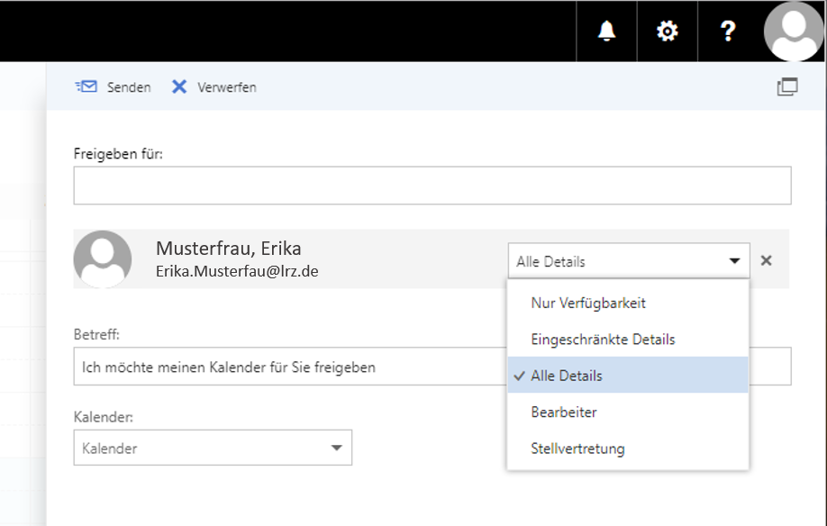 Wie zuvor, nur steht unter 'Freigegeben für' und dem leeren Eingabefeld ein Feld. Symbol Benutzer, Musterfrau, Erika, darunter Erika.Musterfrau At lrz.de, Auswahlfeld Alle Details, Schräges Kreuz für löschen. Das Auswahlfeld ist ausgeklappt und zeigt 5 Angaben, Nur Verfügbarkeit, Eingeschränkte Details, mit Haken versehen Alle Details, Bearbeiter, Stellvertretung.