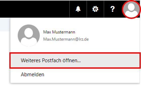 Fensterausschnitt. Oben rechts in der Titelleiste markiert das Symbol Benutzer. Symbol Benutzer, Max Mustermann, darunter Max.Mustermann At lrz.de. Markierte Schaltfläche Weiteres Postfach öffnen... Schaltfläche Abmelden.