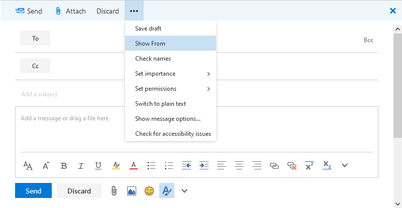 Window for writing a new mail. Buttons, Send, Attach, Discard, expanded three dots. 8 sub-items, Save draft, marked Show From, Check names, Set priority, Set permissions, Switch to plain text, Show message options, Check for accessibility issues.