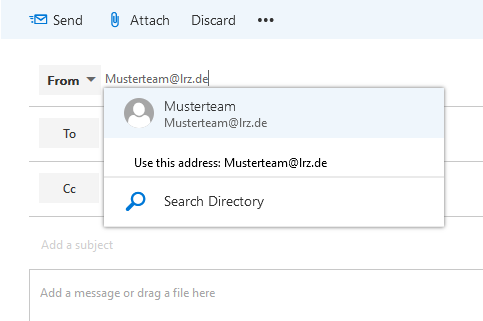 Window section, New mail. Buttons, Send, Attach, Discard, Three dots. Button From, Musterteam AT lrz.de, Submenu, Marks Musterteam, Musterteam AT lrz.de. Use this address, Colon, Musterteam AT lrz.de. Magnifying glass icon, Search directory.