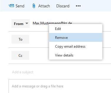 Window section, New mail. Buttons, Send, Attach, Discard, Three dots. Button From, Max.Mustermann AT lrz.de, Submenu, Edit, Marked Remove, Copy email address, View details. Button To. Button CC.