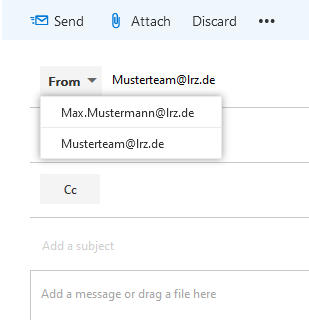 Window section, New Mail. Buttons, Send, Attach, Discard, Three dots. Button From, Expanded, Max.Mustermann AT lrz.de, Musterteam AT lrz.de. Button CC.