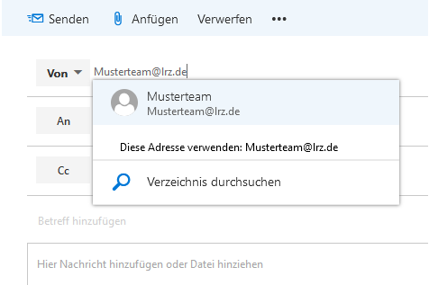 Fensterausschnitt, Neue E-Mail. Schaltflächen, Senden, Anfügen, Verwerfen, Drei Punkte. Schaltfläche Von, Musterteam AT lrz.de, Untermenü, Markiert Musterteam, Musterteam AT lrz.de. Diese Adresse verwenden, Doppelpunkt, Musterteam AT lrz.de. Symbol Lupe, Verzeichnis durchsuchen.