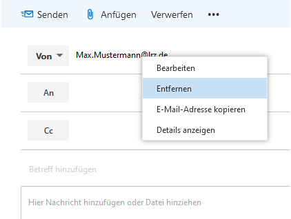 Fensterausschnitt, Neue E-Mail. Schaltflächen, Senden, Anfügen, Verwerfen, Drei Punkte. Schaltfläche Von, Max.Mustermann AT lrz.de, Untermenü, Bearbeiten, Markiert Entfernen, E-Mail-Adresse kopieren, Details anzeigen. Schaltfläche An. Schalftfäche CC.