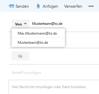 Fensterausschnitt, Neue E-Mail. Schaltflächen, Senden, Anfügen, Verwerfen, Drei Punkte. Schaltfläche Von, Ausgeklappt, Max.Mustermann AT lrz.de, Musterteam AT lrz.de. Schaltfläche CC.