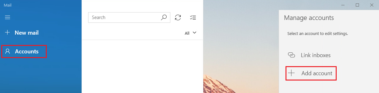 Window. Left column, blue background. Mail. Icon menu. Icon Plus, New mail. Marked icon Person, Accounts. To the right, the next column. Empty search field, Refresh icon, List icon. Below right, expandable All. Hyphen. To the right of it, blank space. On the far right, an area, grayed out. Manage accounts. Select an account to edit settings. Icon 2 chain links, Link inboxes. Marked icon Plus, Add account.