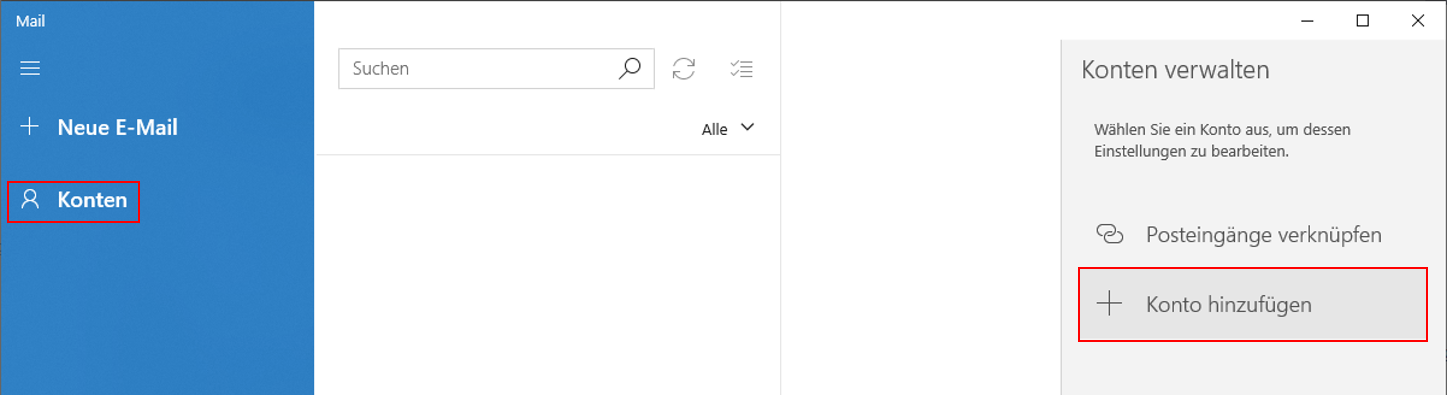 Fenster. Linke Spalte, blau hinterlegt. Mail. Symbol Menü. Symbol Plus, Neue E-Mail. Markiert Symbol Person, Konten. Rechts davon die nächste Spalte. Leeres Suchfeld, Symbol Aktualisieren, Symbol Liste. Darunter rechts, ausklappbar Alle. Trennstrich. Rechts davon Leerraum. Ganz rechts ein Bereich, grau hinterlegt. Konten verwalten. Wählen Sie ein Konto aus, um dessen Einstellungen zu bearbeiten. Symbol 2 Kettenglieder, Posteingänge verknüpfen. Markiert Symbol Plus, Konto hinzufügen.