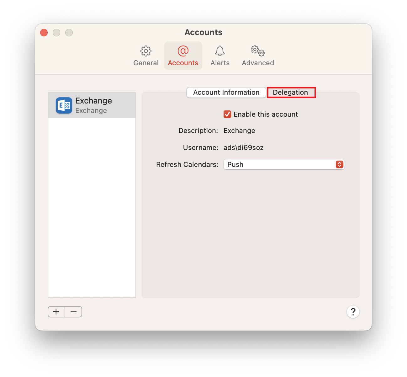 Window Accounts. 4 tabs, General, selected Accounts, Alerts, Advanced. Left column one field Exchange, Exchange. Blank space. Below 2 buttons plus sign, minus sign. On the right in the main field 2 tabs selected Account Information, marked Delegation. Box with check mark, Enable this account. Description, colon Exchange. Username, colon, ads backslash di69soz. Refresh Calendars, colon, selection box Push. In the bottom right corner, question mark in a circle.