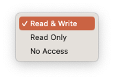 Selected Check mark, Read and Write. Read and Create. No Access.