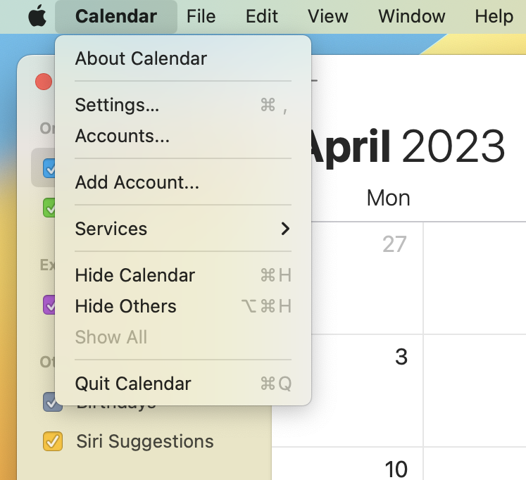 Screen capture in the upper left corner. Apple icon, Calendar expanded. Item 2 is highlighted and selected, Preferences..., right command icon comma.
