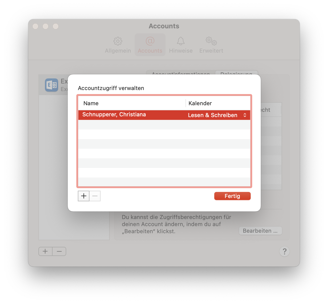 Das vorige Fenster wird überlagert von einem kleineren Fenster. Accountzugriff verwalten. Tabelle mit 2 Spalten und einem Eintrag. Spalte Name, Schnupperer, Christiana, Spalte Kalender, Auswahlfeld Lesen und Schreiben. Unter der Tabelle, 2 Schaltflächen abgeblendet Pluszeichen, Minuszeichen, rechts Schaltfläche Fertig.
