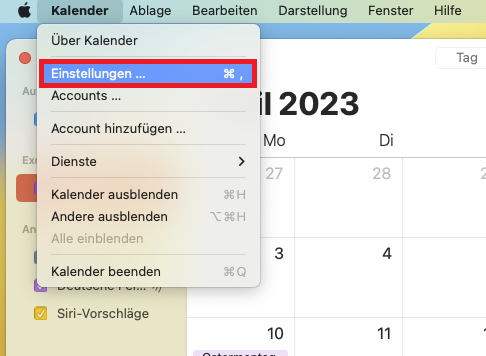 Bildschirmausschnitt oben links. Symbol Apple, ausgeklappt Kalender. Punkt 2 ist markiert und ausgewählt, Einstellungen ..., rechts Kommandosymbol Komma.