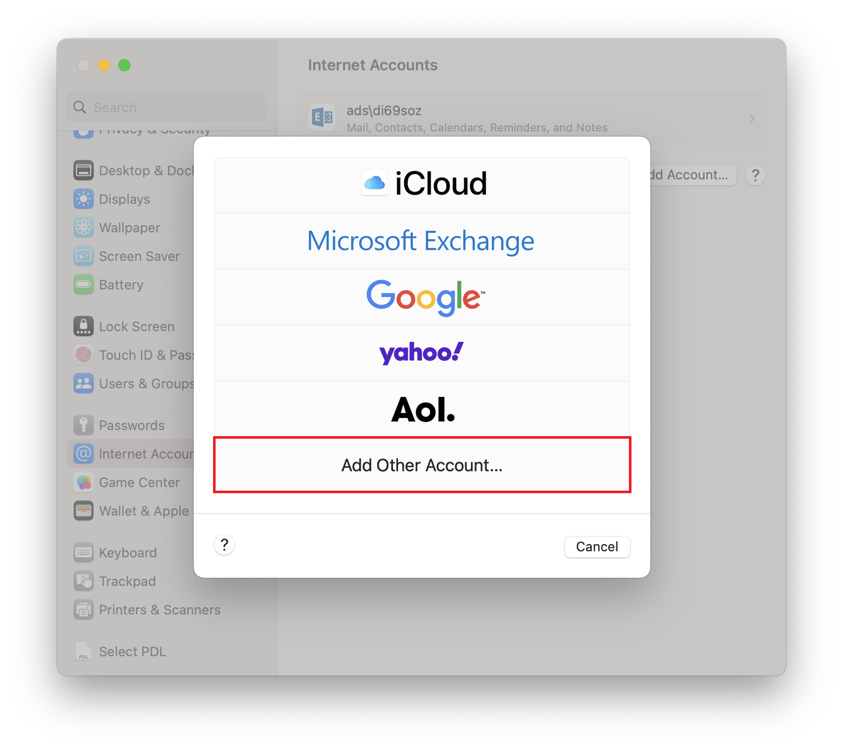 Window Internet Accounts. Above a new window, with 5 logos below, iCloud, Exchange, Google, yahoo exclamation mark, Aol point as well as marked Add other account..., below left, question mark in circle, right Cancel button.