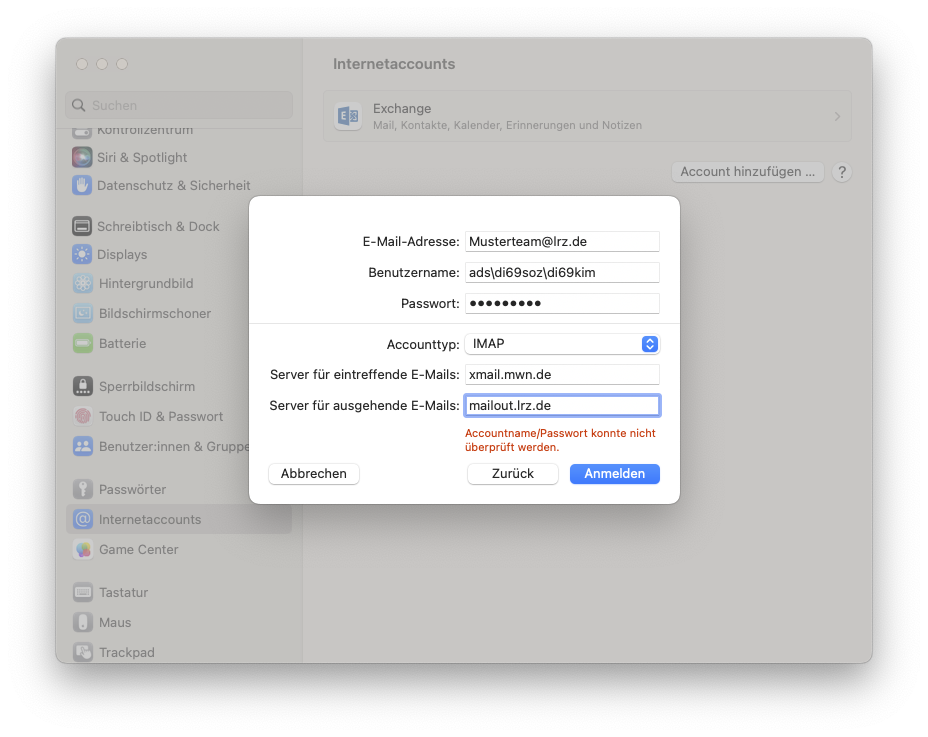 Wieder ein überlagertes, kleineres Fenster. E-Mail-Adresse, Eingabefeld Musterteam At lrz.de. Benutzername, Eingabefeld ads Rückwärtsschrägstrich di69soz Rückwärtsschrägstrich di69kim. Passwort, Eingabefeld Dicke Punkte. Trennstrich. Accounttyp, Auswahlfeld IMAP. Server für eintreffende E-Mails, Eingabefeld xmail.mwn.de. Server für ausgehende E-Mails, Eingabefeld mailout.lrz.de, darunter in rot, Accountname Schrägstrich Passwort konnte nicht überprüft werden. Unten links, Schaltfläche Abbrechen, rechts Schaltflächen Zurück, Anmelden.