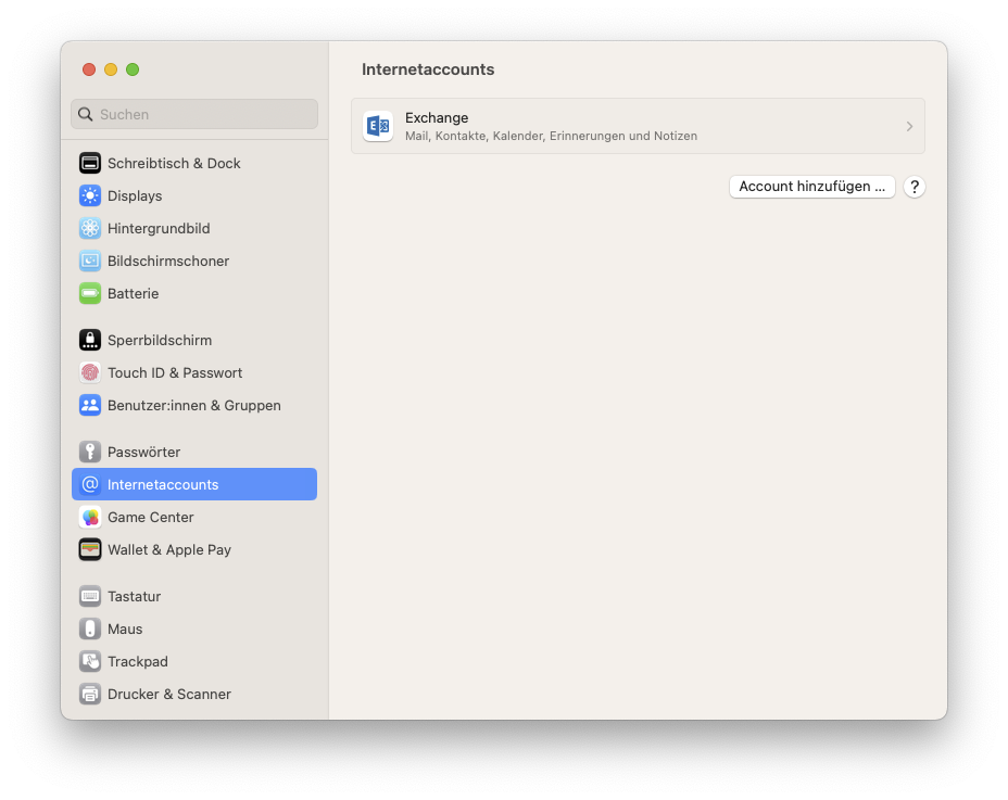Fenster Systemeinstellungen, Internetaccounts. Linke Spalte, leeres Eingabafeld Suchen, darunter 16 Kategorieren mit Icons für Einstellungen. Ausgewählte Kategorie Internetaccounts. Rechts im Hauptsfeld, Icon von Exchange, daneben Exchange, Mail, Kontakte, Kalender, Erinnerungen und Notizen. Rechts eine Schaltfläche Account hinzufügen..., dahinter eine Schaltfläche Fragezeichen im Kreis um zur Hilfe zu gelangen.