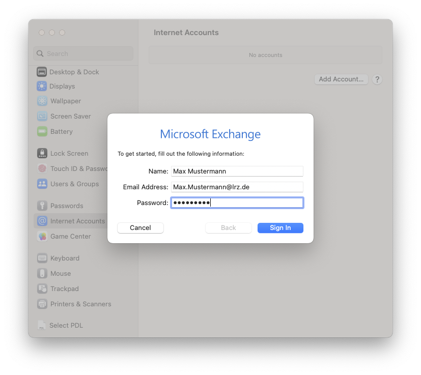 The previous window is overlapped by the smaller Microsoft Exchange window. To get started, fill out the following information, colon. Name, input field Mustermann, Max. Email Address, input field max.mustermann At lrz.de. Password, marked input field Required. Bottom left, Cancel button, grayed out right button Back, Sign in.