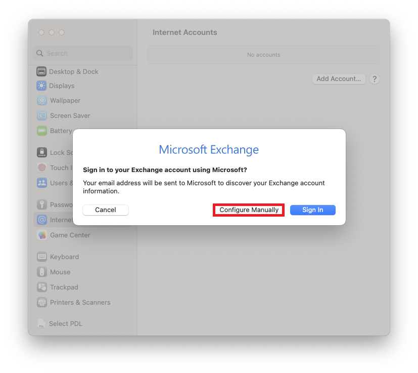 Again the overlaid, smaller Microsoft Exchange Window. Sign in to your Exchange account using Microsoft, question mark. Your email address will be sent to Microsoft to discover your Exchange account information. Bottom left, Cancel button, right marked button Configure Manually, Sign in.