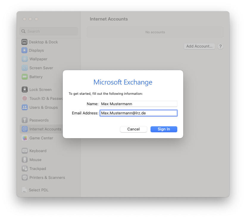 The previous window is overlaid by the smaller Microsoft Exchange window. To get started, fill out the following information, colon. Name, input field Mustermann, Max. Email Address, marked input field Max.Mustermann At lrz.de. At the bottom right buttons Cancel, Sign in.