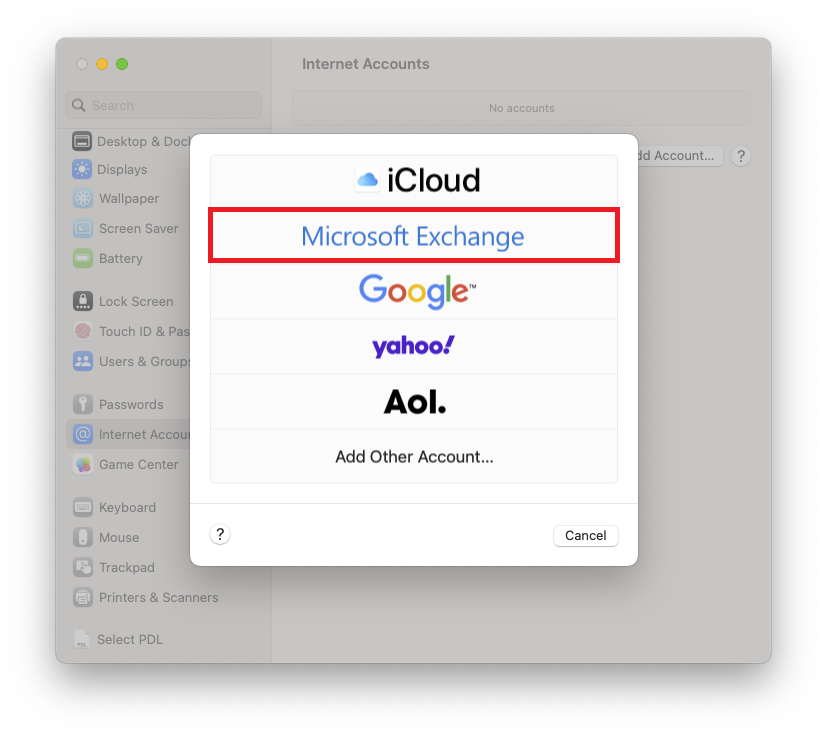 The previous window is overlaid by the smaller window. underneath 5 logos, iCloud, marked Exchange, Google, yahoo exclamation mark, Aol point as well as Add Other Account..., below on the left, question mark in a circle, on the right Cancel button.
