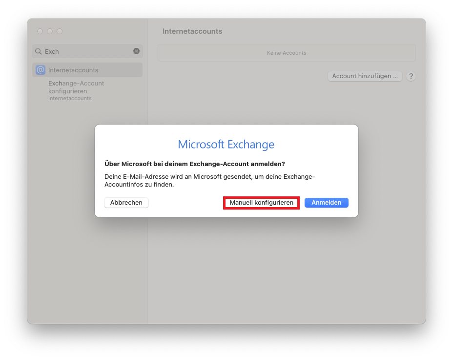 Wieder das überlagerte, kleineren Fenster Microsoft Exchange. Über Microsoft bei deinem Exchange-Account anmelden, Fragezeichen. Deine E-Mail-Adresse wird an Microsoft gesendet, um deine Exchange-Accountinfos zu finden. Unten links, Schaltfläche Abbrechen, rechts markierte Schaltflächen Manuell konfigurieren, Anmelden.