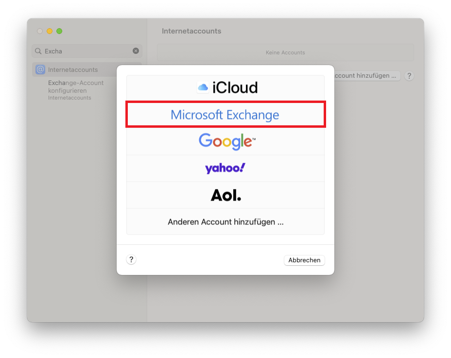 Fenster Internetaccounts. Darüber ein neues Fenster, untereinander 5 Logos, iCloud, markiert Exchange, Google, yahoo Ausrufezeichen, Aol Punkt sowie Anderen Account hinzufügen..., darunter links, Fragezeichen im Kreis, rechts Schaltfläche Abbrechen.
