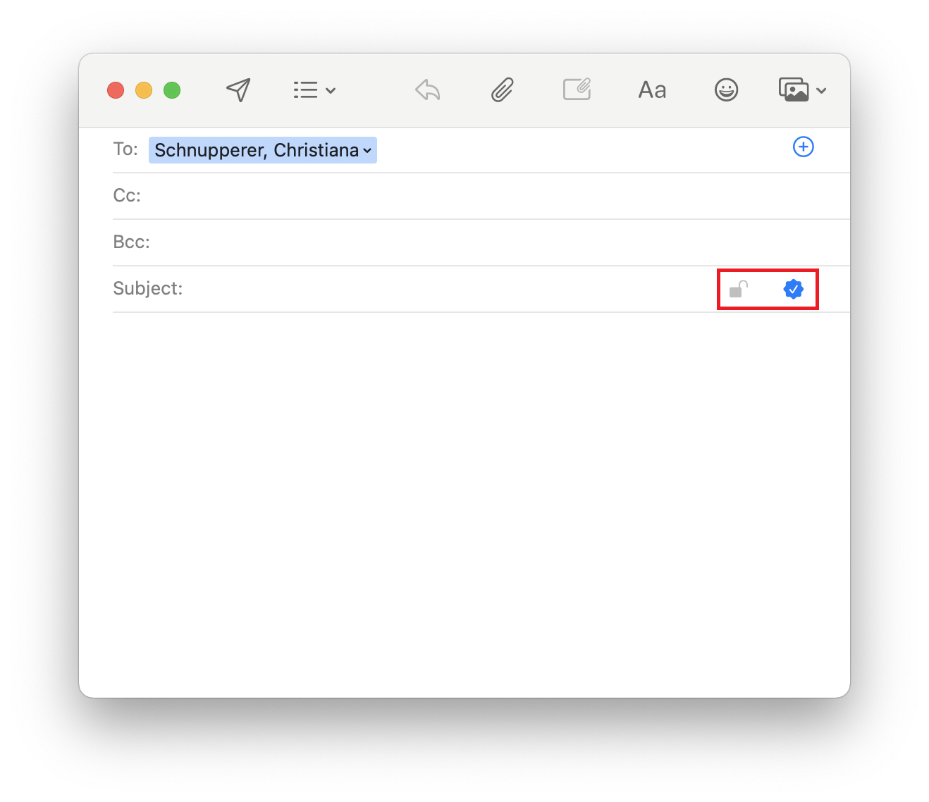 Email Window. To, Schnupperer, Christiana, right plus sign in circle. Subject, Empty, right marked 2 icons, Open lock, hook in gear on blue background.