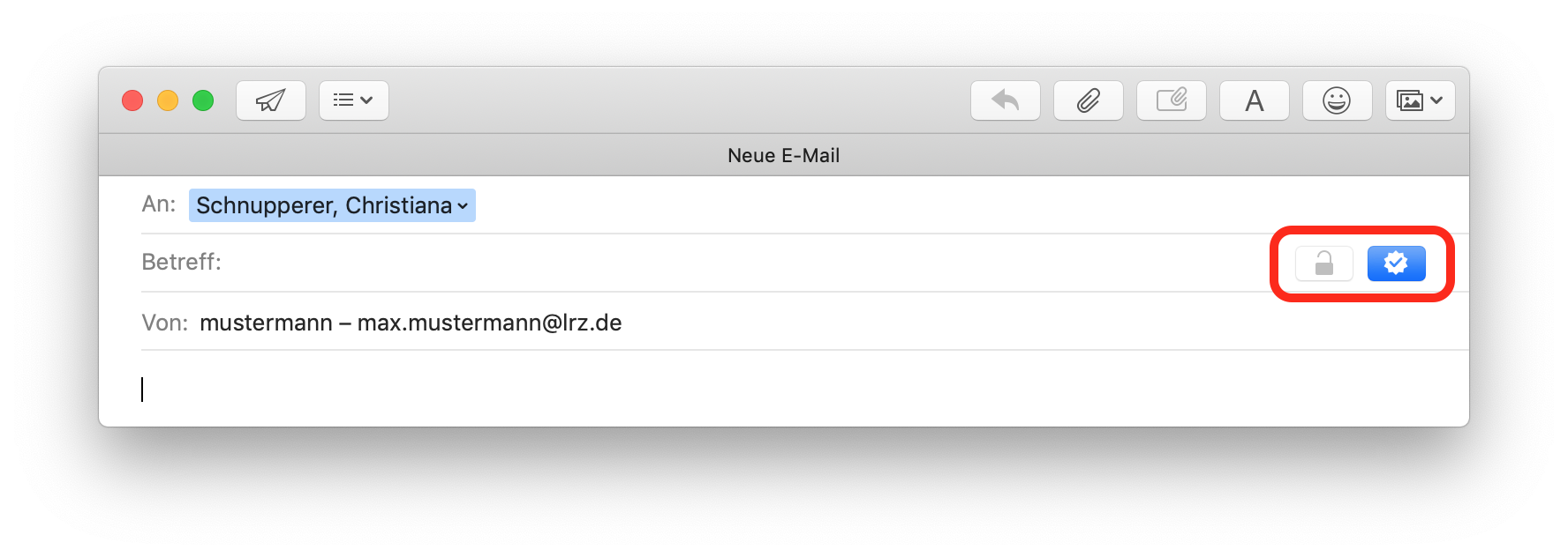Fenster Neue E-Mail. An, ausklappbar Schnupperer, Christiana. Betreff, leeres Feld, rechts markiert 2 Symbole, Offenes Schloss, Haken im Zahnrad auf blauem Hintergrund. Von, mustermann - max.mustermann At lrz.de.