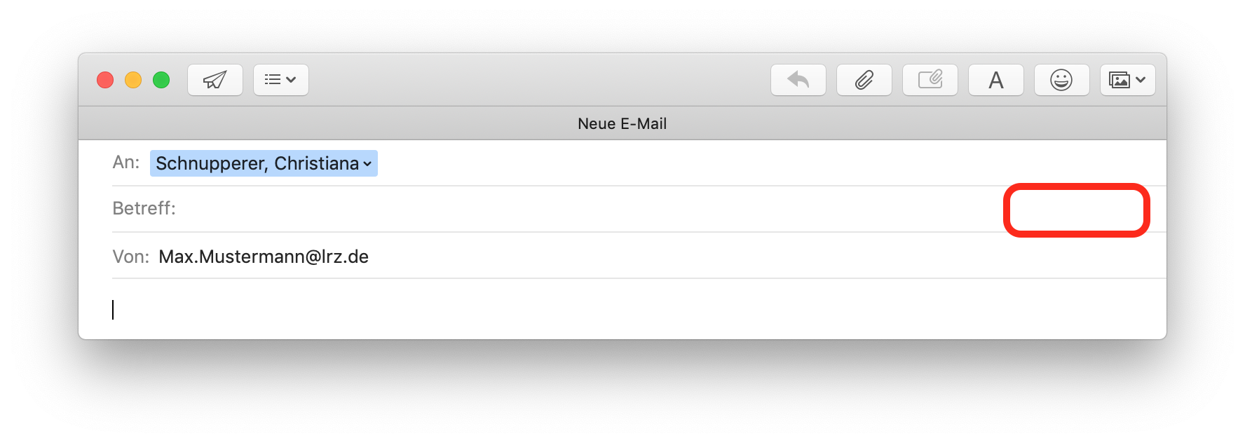 Fenster Neue E-Mail. An, ausklappbar Schnupperer, Christiana. Betreff, leeres Feld, rechts markiert leeres Feld. Von, Max.Mustermann At lrz.de.