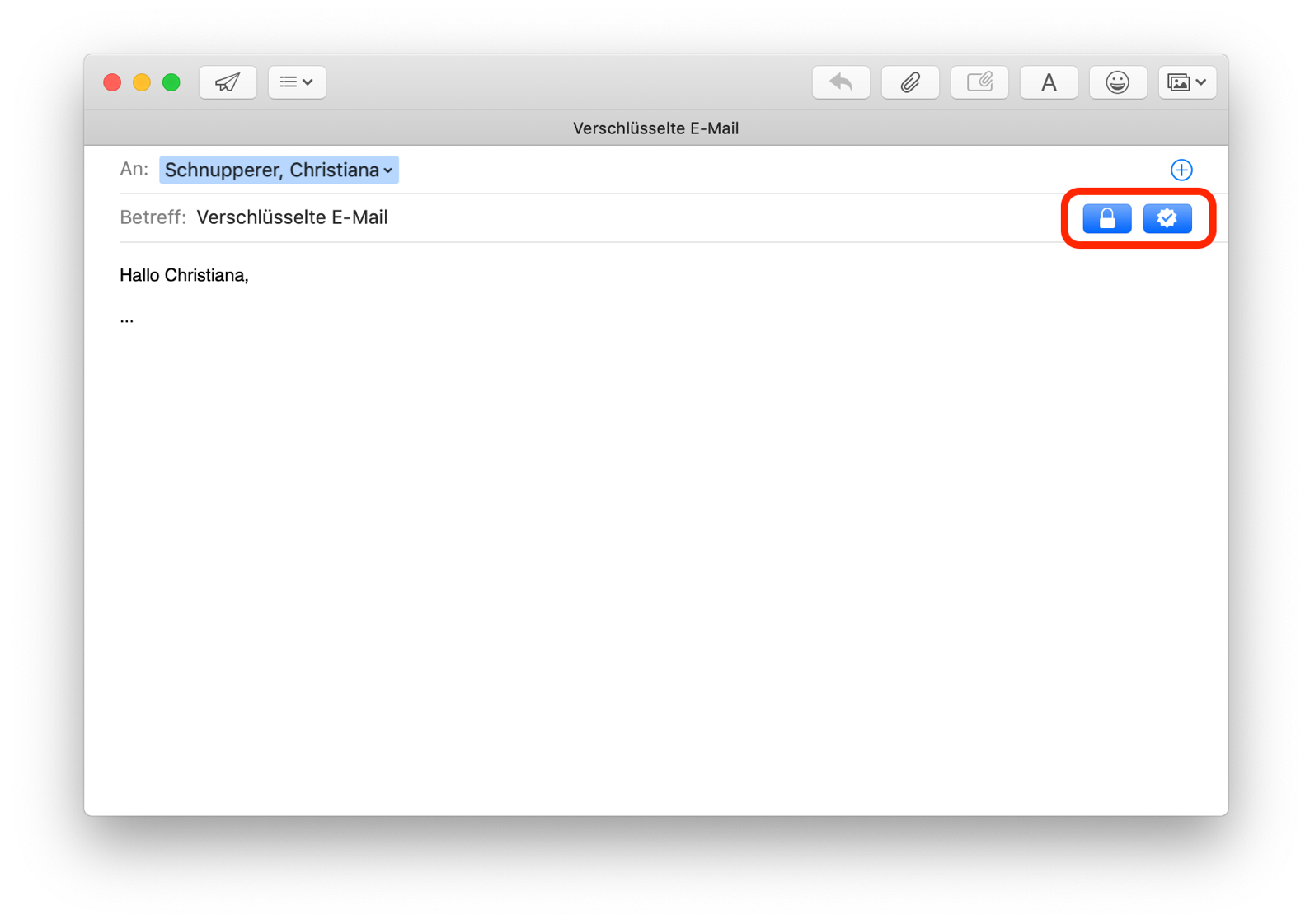 Fenster Verschlüsselte E-Mail. An, ausklappbar Schnupperer, Christiana, rechts Pluszeichen im Kreis. Betreff, Verschlüsselte E-Mail, rechts markiert 2 Symbole, beide auf blauem Hintergrund, Gechlossenes Schloss, Haken im Zahnrad. Hallo Christiana, ...