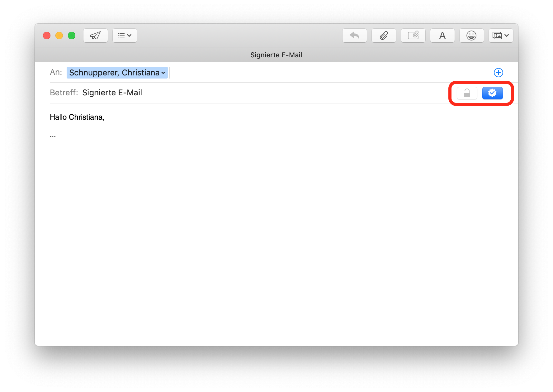 Fenster Signierte E-Mail. An, ausklappbar Schnupperer, Christiana, rechts Pluszeichen im Kreis. Betreff, Signierte E-Mail, rechts markiert 2 Symbole, Offenes Schloss, Haken im Zahnrad auf blauem Hintergrund. Hallo Christiana, ...
