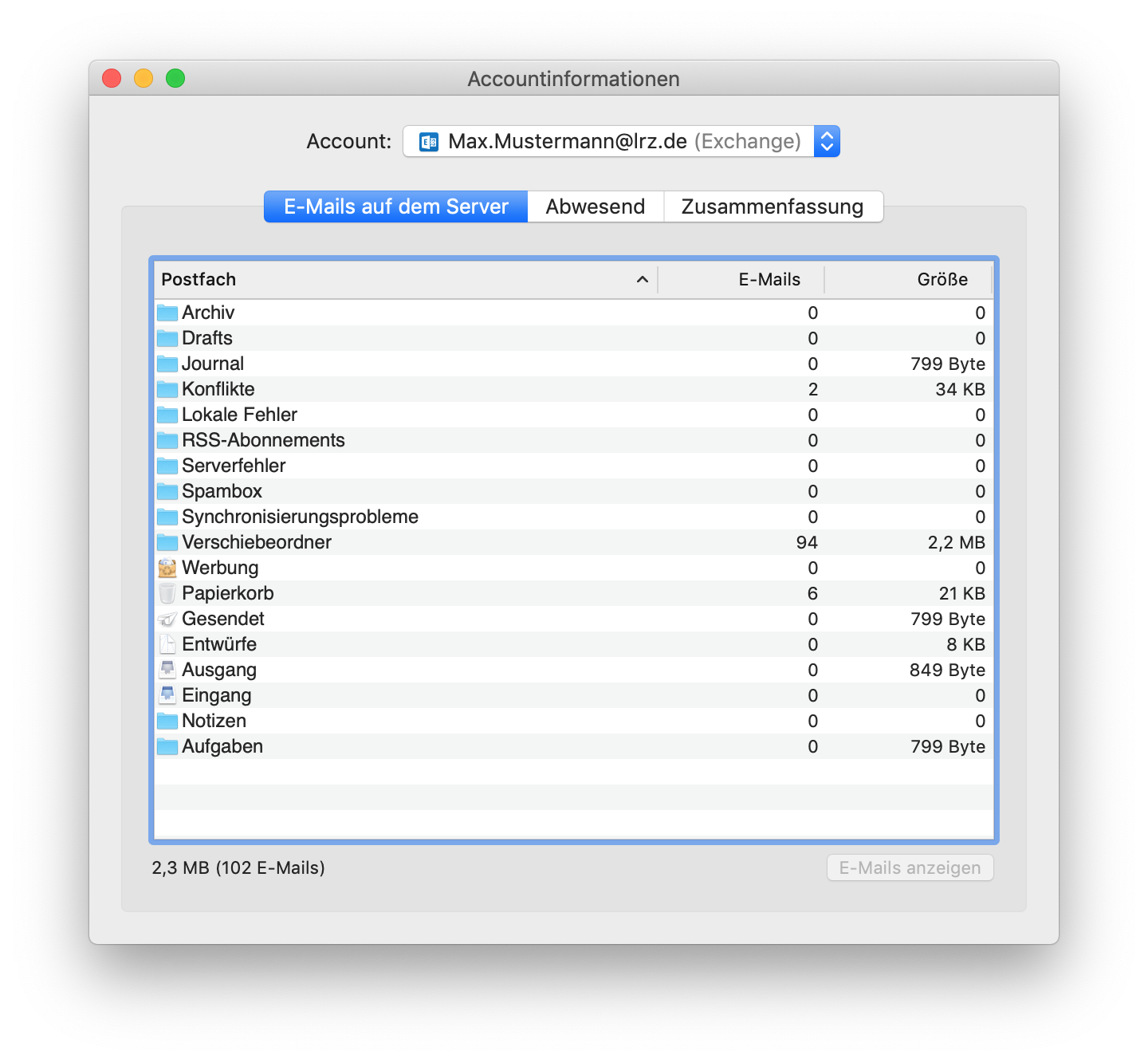 Fenster Accountinformationen. Account, Auswahlfeld Max.Mustermann At lrz.de, Runde Klammer auf, Exchange, Runde Klammer zu. 3 Reiter, ausgewählt E-Mails auf dem Server, Abwesend, Zusammenfassung. Tabelle mit 3 Spalten, Postfach, E-Mails, Anzahl. 18 Einträge, in der Spalte E-Mails steht die Anzahl. Unter der Tabelle 2,3 MB (102 E-Mails), rechts abgeblendete Schaltfläche E-Mails anzeigen.