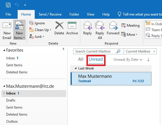 Section of Outlook window. Start tab. Below the ribbon on the left the column with folders. Expanded Favorites with 3 folders. Expanded Max.Mustermann At lrz.de. Under the ribbon the left column. Input field for searching. Below that All, Marked button Unread. Below the unread emails of the Inbox folder. 