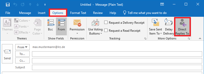 Cutout from Outlook window with newly created message. Selected tab Options. Command group More options, marked Direct Replies To.