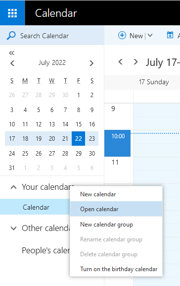 Window cutout, in black bar Calendar. Left column, search box, below it the monthly overview, below it expanded Your calendars, overlaid by the context menu with 6 items, New Calendar, selected Open Calendar, ...