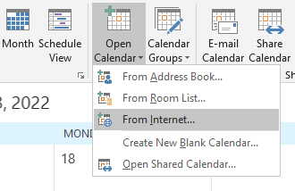 Window pane. Selected Open calendar, below the submenu with 5 items, From Address Book..., From Room List..., selected From Internet..., Create New Blank Calendar..., Open Shared Calendar....