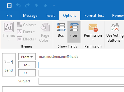 Cutout from Outlook window with message. Selected Options tab. Show Fields command group, selected right part labeled From. Under the ribbon the Send button, to the right of it the information on the mail header, selection field From, Max.Mustermann At lrz.de. For To..., Cc..., Subject the input fields are empty.