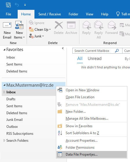 Section of Outlook window. Home tab. Below the ribbon on the left the column with folders. Expanded Favorites with 3 folders. Expanded Max.Mustermann At lrz.de. Overlaid by context menu with 10 items, last item selected Data File Properties...
