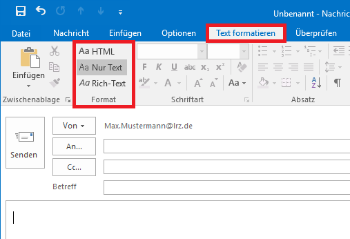 Ausschnitt aus Outlook-Fenster mit neu erstellter Nachricht. Ausgewählt Registerkarte mit markiertem Reiter Text formatieren. Markiert Befehlsgruppe Format, unten der Name Format, darüber 3 Auswahlpunkte HTML, ausgewählt Nur Text, Rich-Text.