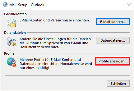 Fenster Mail-Setup - Outlook. Abschnitt E-Mail-Konten. Ein Symbol. E-Mail-Konten und Verzeichnisse einrichten. Rechts, Schaltfläche E-Mail-Konten... Abschnitt Datendateien. Ein Symbol. Ändern Sie die Einstellungen für die Dateien, die Outlook zum Speichern von E-Mail und Dokumenten verwendet. Rechts, Schaltfläche Datendateien... Abschnitt Profile. Ein Symbol. Mehrere Profile für E-Mail-Konten und Datendateien einrichten. Normalerweise wird nur eines benötigt. Rechts, Markiert Schaltfläche Profile anzeigen... Unten rechts, Schaltfläche Schließen.