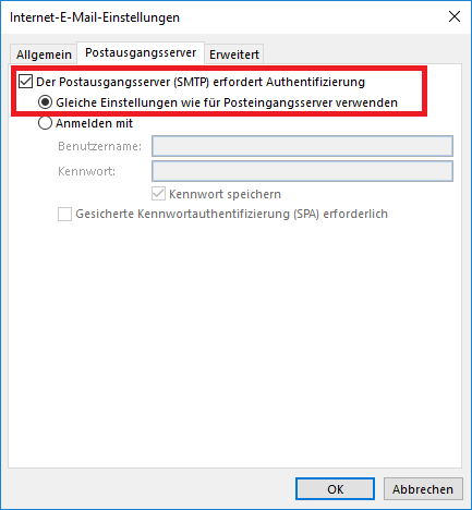 Fenster Internet-E-Mail-Einstellungen. Karteikarte Allgemein, Ausgewählt Postausgangsserver, Erweitert. Kästchen mit Haken, Der Postausgangsserver (SMTP) erfordert Authentifizierung. Radioknopf ausgewählt, Gleiche Einstellungen wie für Postausgangsserver verwenden. Radioknopf nicht ausgewählt, Anmelden mit, darunter abgeblendet Benutzername, leeres Eingabefeld, Kennwort, leeres Eingabefeld, darunter Kästchen mit Haken, Kennwort speichern. Leeres Kästchen, Gesicherte Kennwortauthentifizierung (SPA) erforderlich. Ganz unten rechts, 2 Schaltflächen OK, Abbrechen.