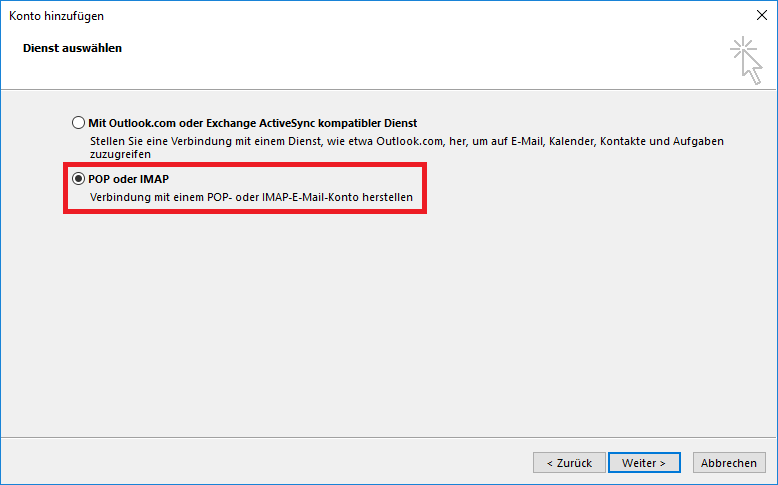 Fenster Konto hinzufügen. Dienst auswählen. Radioknopf nicht ausgewählt, Mit Outlook.com oder Exchange ActiveSync kompatibler Dienst. Stellen Sie eine Verbindung mit einem Dienst, wie etwa Outlook.com, her, um auf E-Mail, Kalender, Kontakte und Aufgaben zuzugreifen. Markiert Radioknopf ausgewählt, POP oder IMAP. Verbindung mit einern POP- oder IMAP-E-Mail-Konto herstellen. Ganz unten rechts, 3 Schaltflächen Zurück, Weiter, Abbrechen.