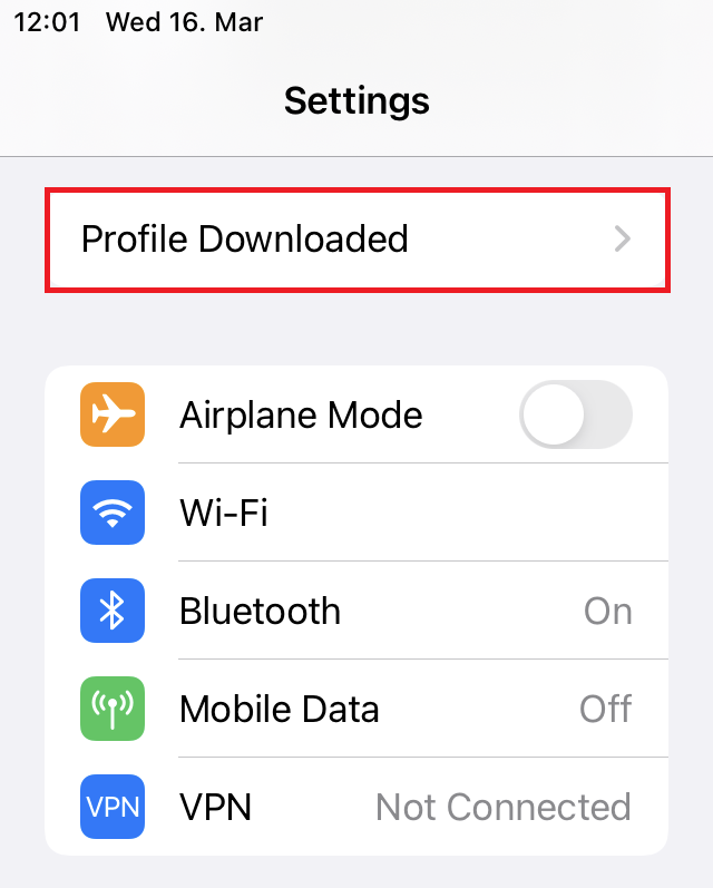 Settings. Marked Profile Downloaded, right greater-than symbol. 5 dots, each preceded by a symbol. Airplane Mode, right Switch off. WLAN. Bluetooth, right On. Mobile Data, Off. VPN, Not Connected.