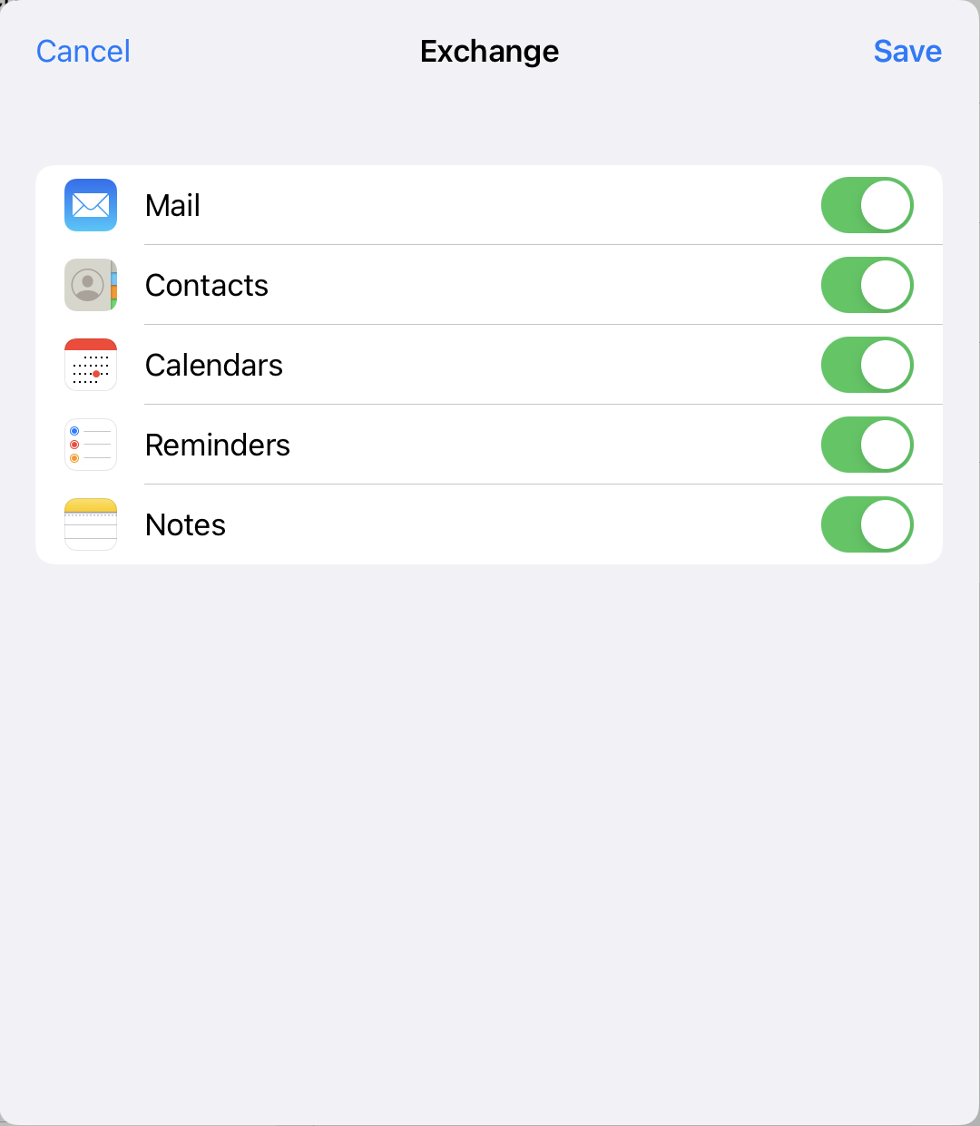 Window Exchange, Cancel clickable on the left, Save clickable on the right. 5 items with icon, naming and on the right a slide switch turned on. Mail, Contacts, Calendars, Reminders, Notes.