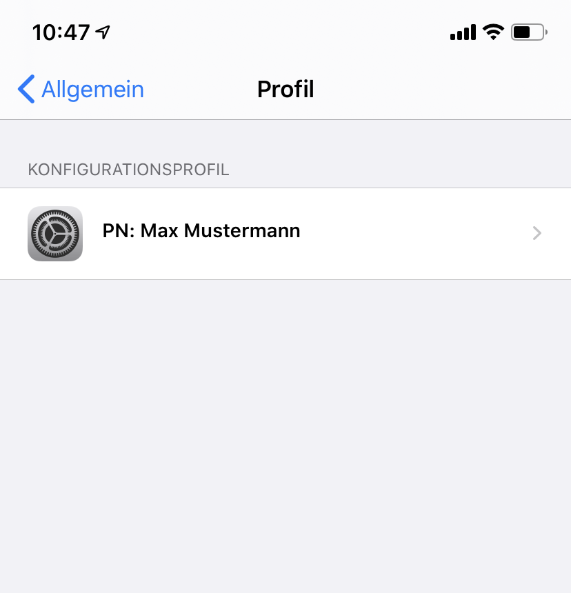 Fenster Profil, links anklickbar Kleinerzeichen Allgemein. Hellgrauer Balken mit dem Text KONFIGURATIONSPROFIL. Symbol Uhrenzahnrad, PN Doppelpunkt, Max Mustermann.