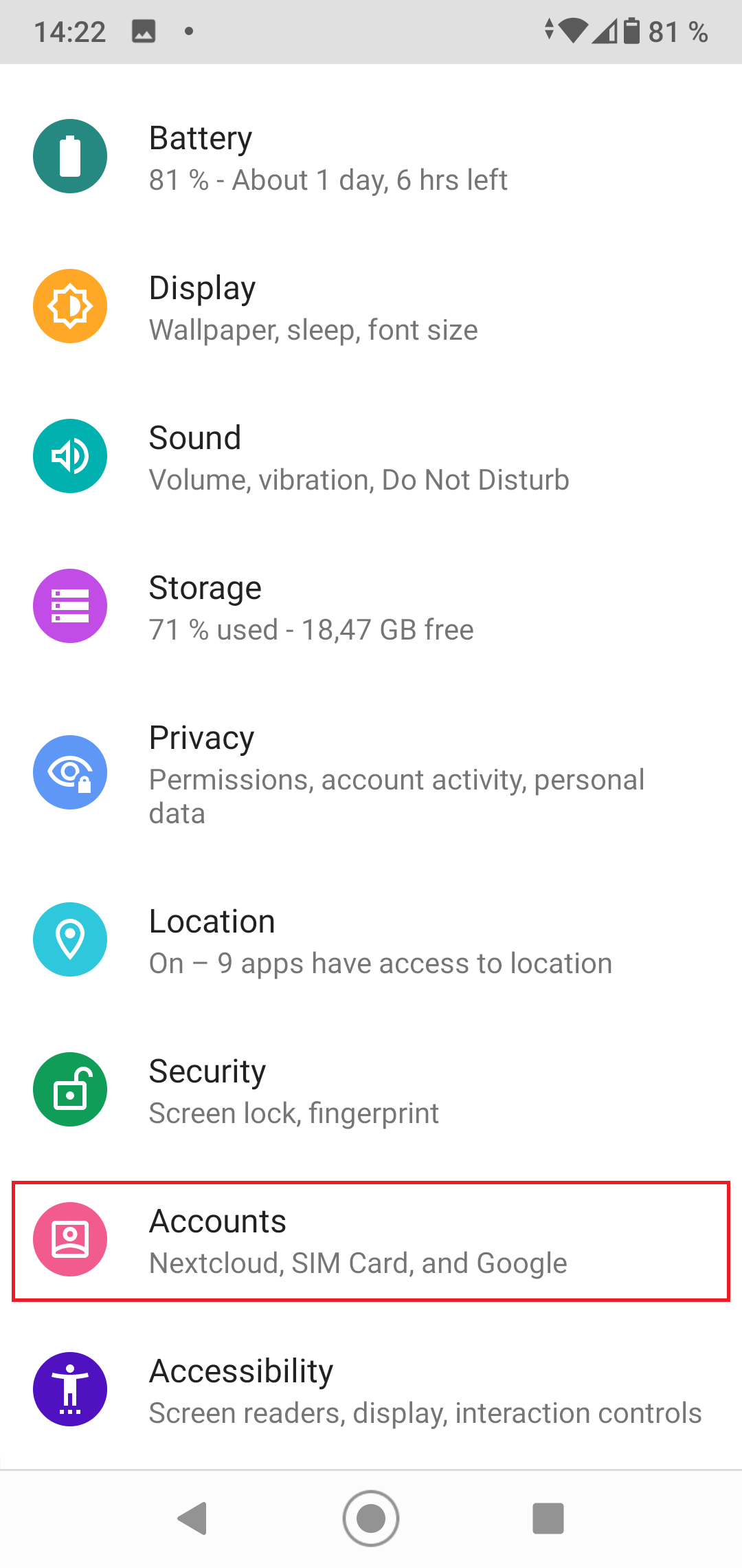 Settings. 9 items with icon, label and notes, selected Accounts.