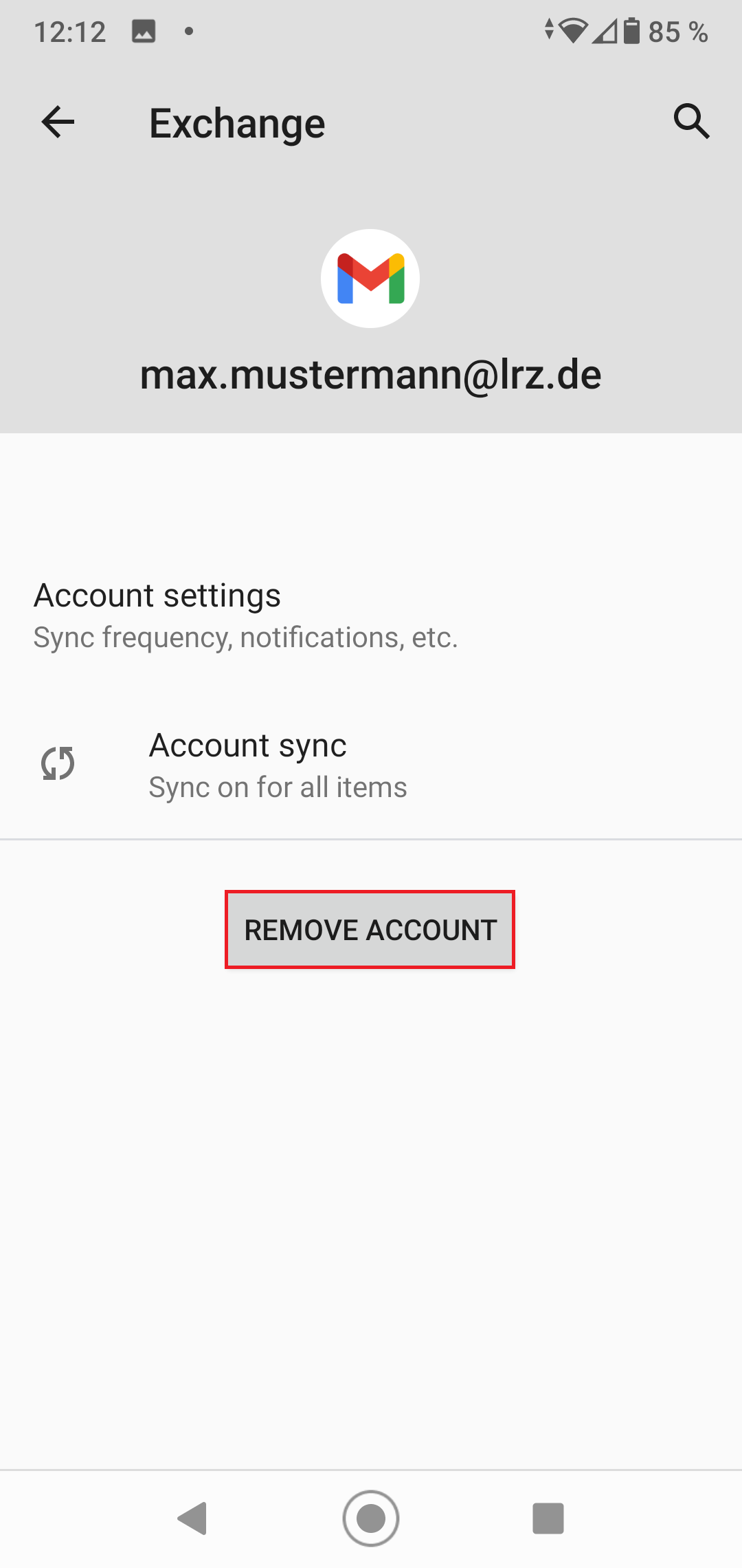 Left arrow for back, Exchange. Gmal logo. max.mustermann AT lrz.de. Account settings. Icon Refresh, Sync frequency, notifications, etc. Account sync, Sync an for all items. Selected button Remove Account. 