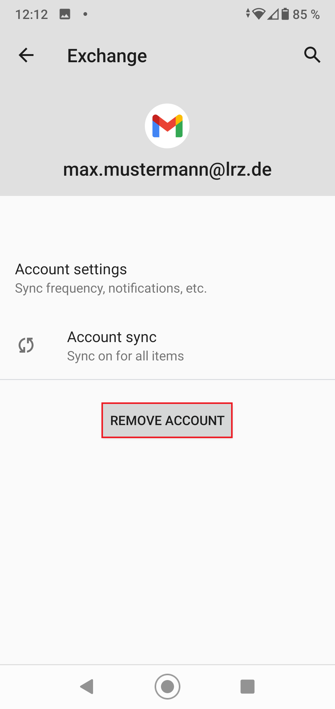 Left arrow for back, Exchange. Gmal logo. max.mustermann AT lrz.de. Account settings. Icon Refresh, Sync frequency, notifications, etc. Account sync, Sync an for all items. Selected button Remove Account.