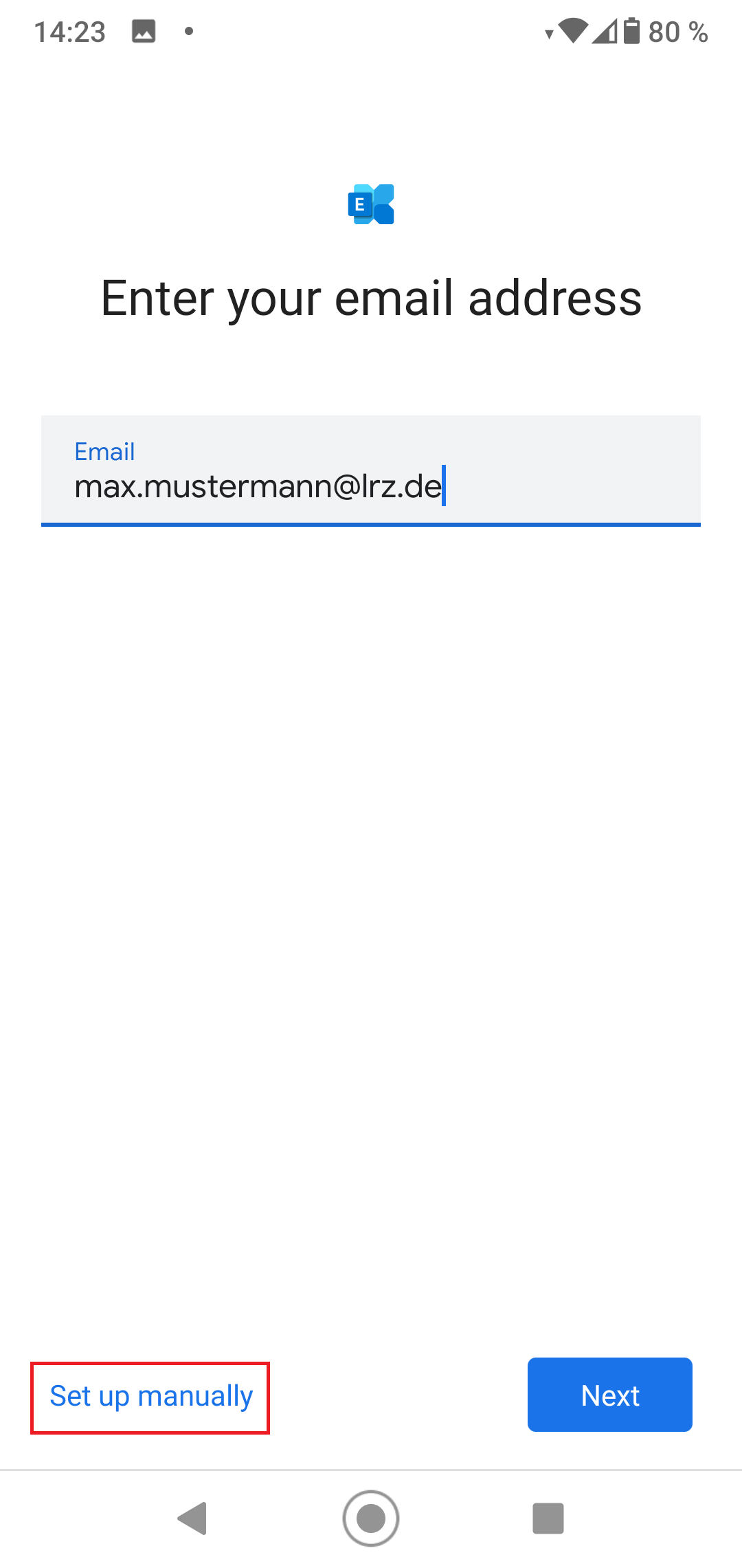 Exchange logo. Enter your email address. Email. Input field max.mustermann At lrz.de. At the bottom left selected button, Set up manually, right, Next button.